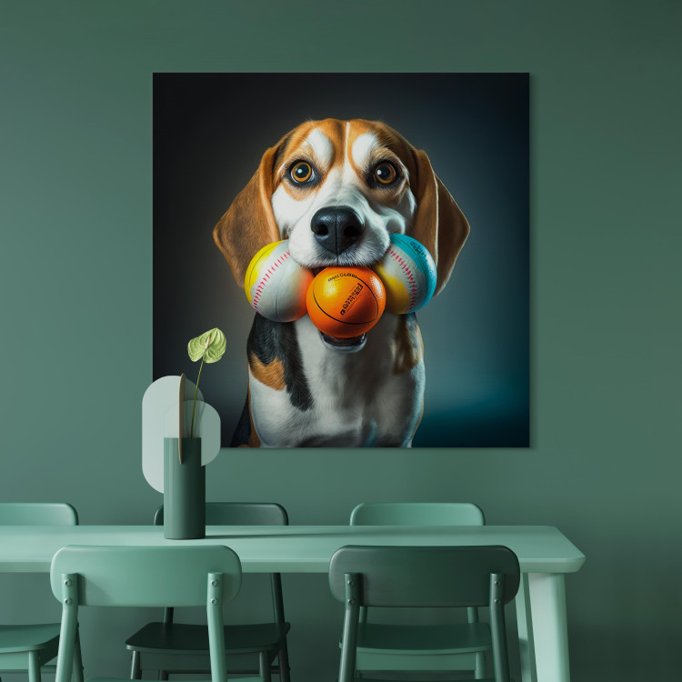 Canvas Print AI Beagle Dog - Portrait of a Animal With Three Balls in Its Mouth - Square 150174 additionalImage 11