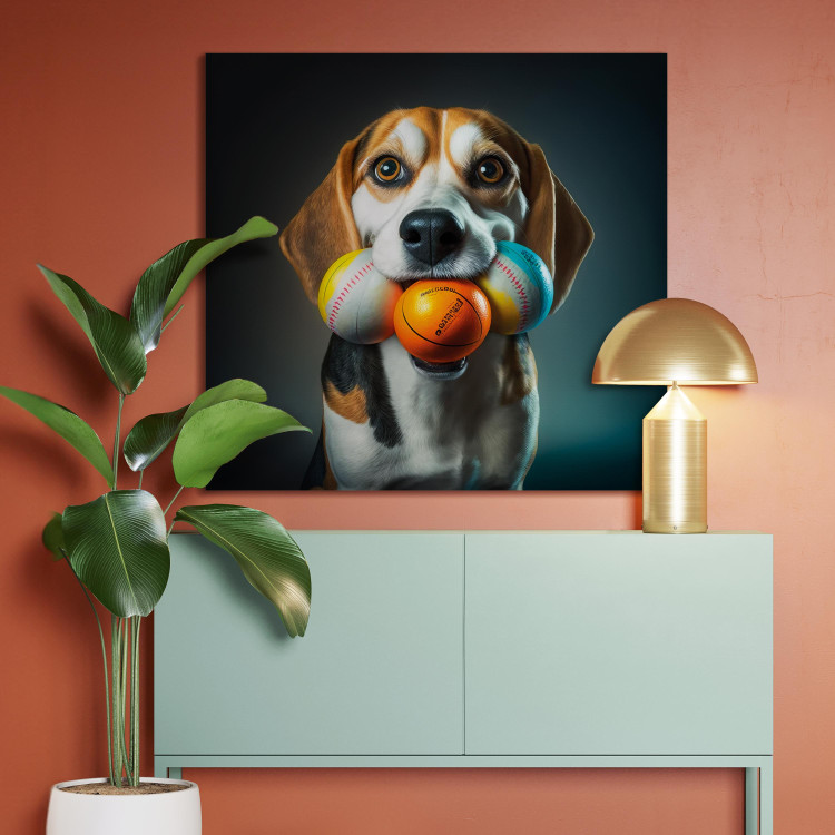 Canvas Print AI Beagle Dog - Portrait of a Animal With Three Balls in Its Mouth - Square 150174 additionalImage 3