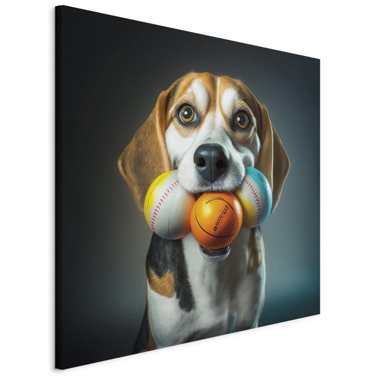 Canvas Print AI Beagle Dog - Portrait of a Animal With Three Balls in Its Mouth - Square 150174 additionalImage 2