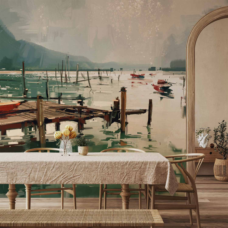 Wall Mural By the Lake - Painting Sketch, Morning, Landscape With a Boat and Mountains in the Background 150574 additionalImage 4