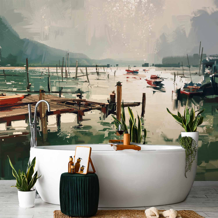 Wall Mural By the Lake - Painting Sketch, Morning, Landscape With a Boat and Mountains in the Background 150574 additionalImage 8