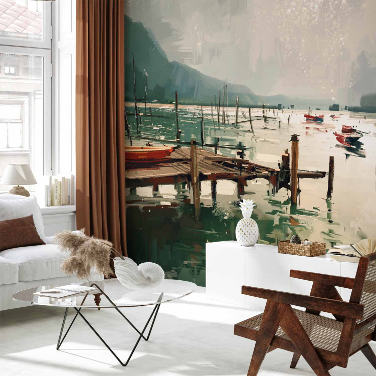 Wall Mural By the Lake - Painting Sketch, Morning, Landscape With a Boat and Mountains in the Background 150574