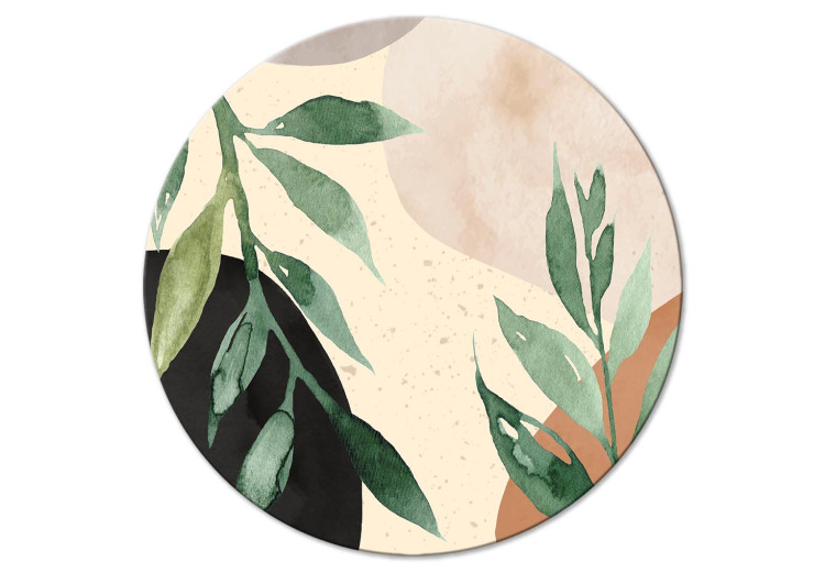 Round Canvas Plant Abstraction - Large Leaves in Pastel Browns and Greens 151474