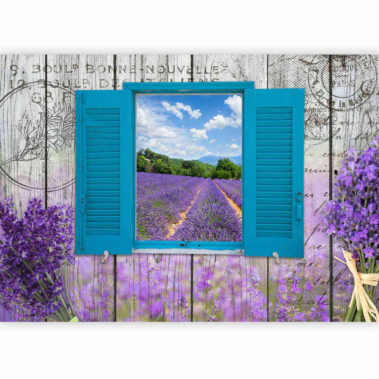 Wall Mural Postcard from Provence - Provencal motifs in retro style, window overlooking the lavender field 64174 additionalImage 1