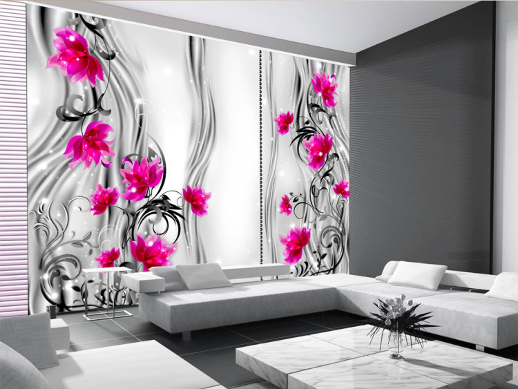 Wall Mural Pink flowers - floral motif on a background of subtle patterns with shine 97174