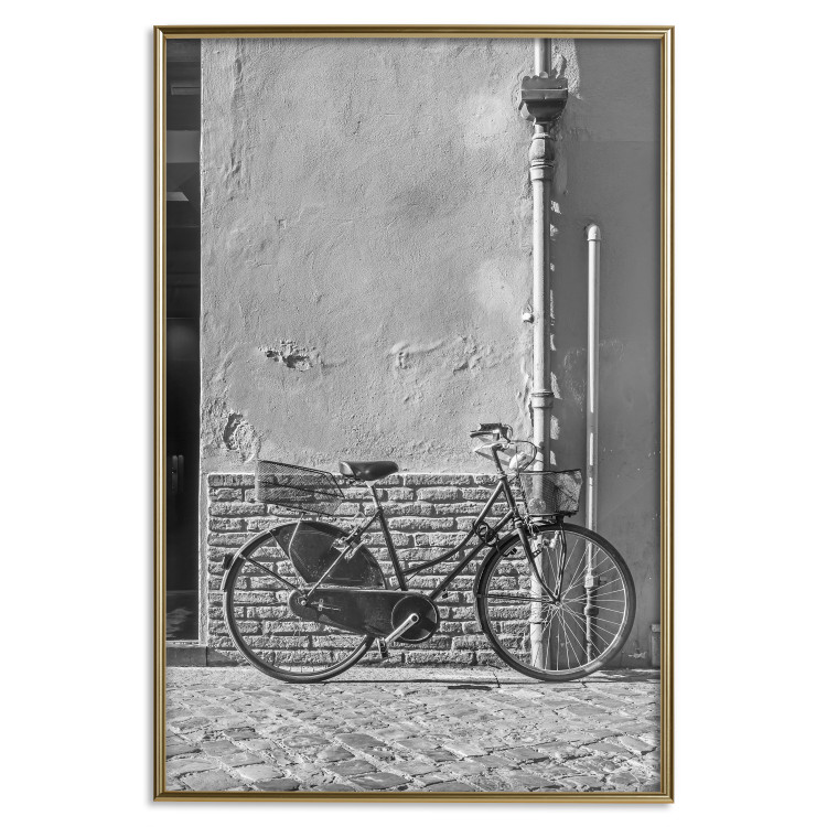 Wall Poster Old Italian Bicycle - black and white shot with a view of a stone street 117784 additionalImage 16