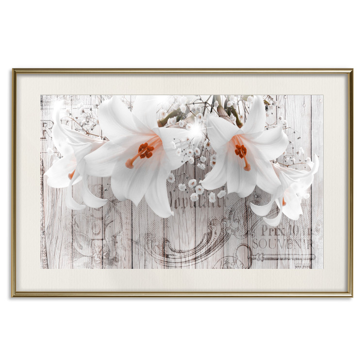 Wall Poster Lily World - white lily flower on wooden background with retro inscriptions 122284 additionalImage 19