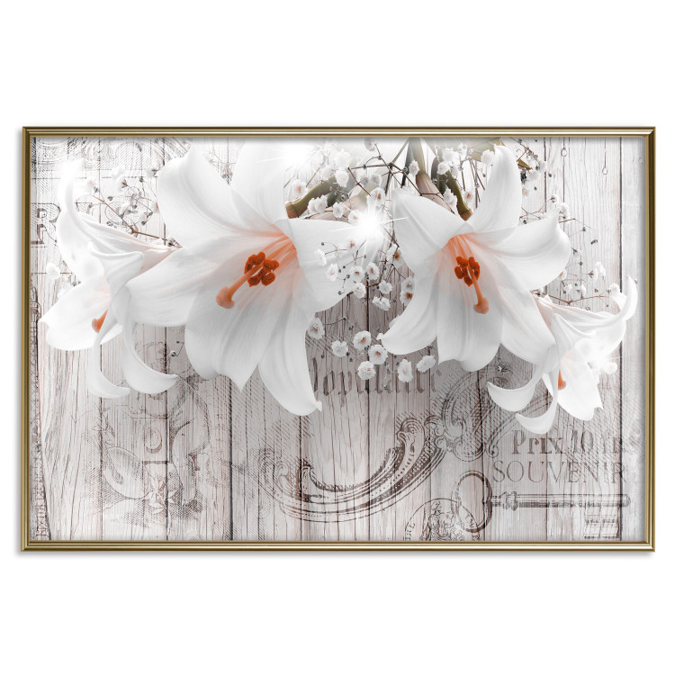 Wall Poster Lily World - white lily flower on wooden background with retro inscriptions 122284 additionalImage 20