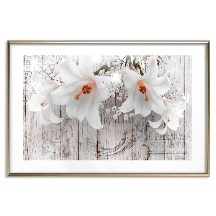 Wall Poster Lily World - white lily flower on wooden background with retro inscriptions 122284 additionalImage 14