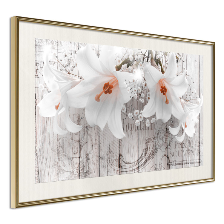 Wall Poster Lily World - white lily flower on wooden background with retro inscriptions 122284 additionalImage 2