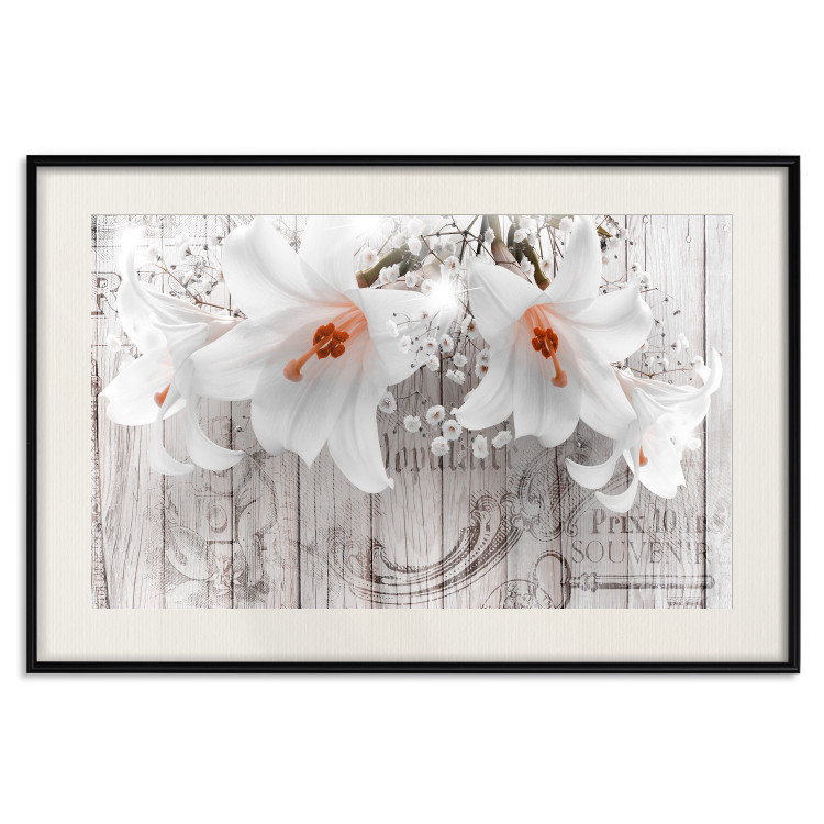 Wall Poster Lily World - white lily flower on wooden background with retro inscriptions 122284 additionalImage 18