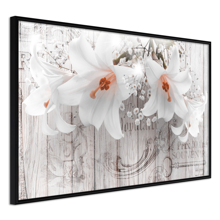Wall Poster Lily World - white lily flower on wooden background with retro inscriptions 122284 additionalImage 10
