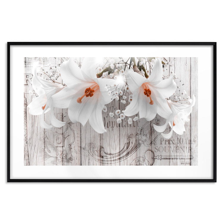 Wall Poster Lily World - white lily flower on wooden background with retro inscriptions 122284 additionalImage 17