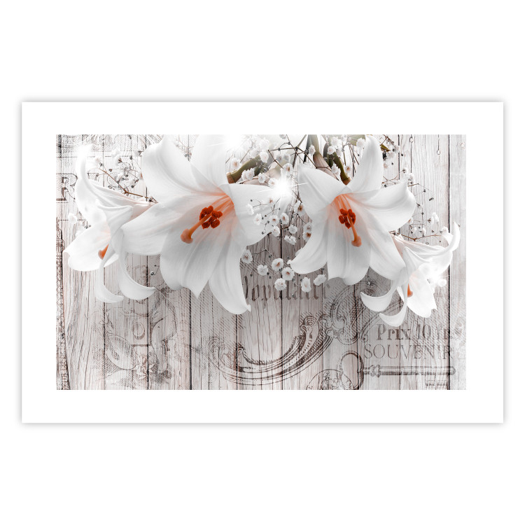 Wall Poster Lily World - white lily flower on wooden background with retro inscriptions 122284 additionalImage 25