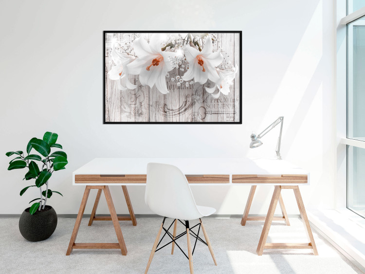 Wall Poster Lily World - white lily flower on wooden background with retro inscriptions 122284 additionalImage 5