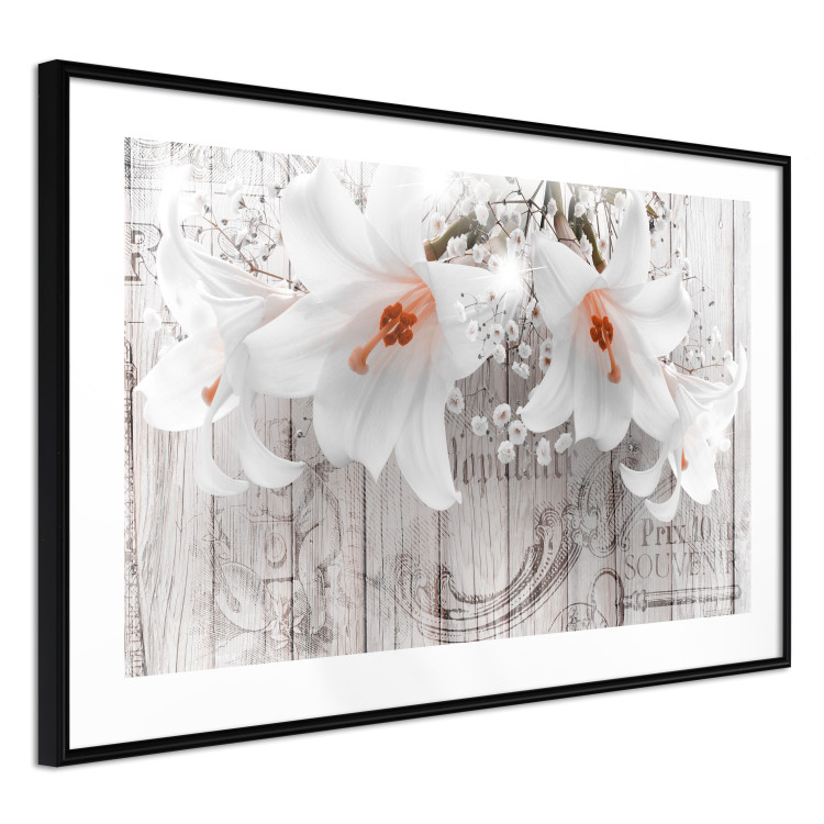 Wall Poster Lily World - white lily flower on wooden background with retro inscriptions 122284 additionalImage 13