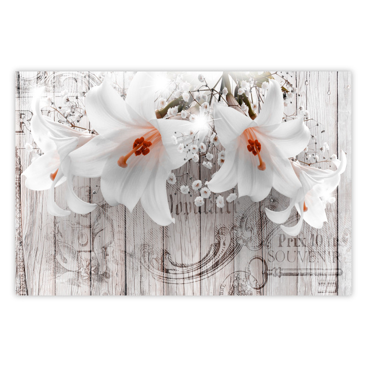 Wall Poster Lily World - white lily flower on wooden background with retro inscriptions 122284
