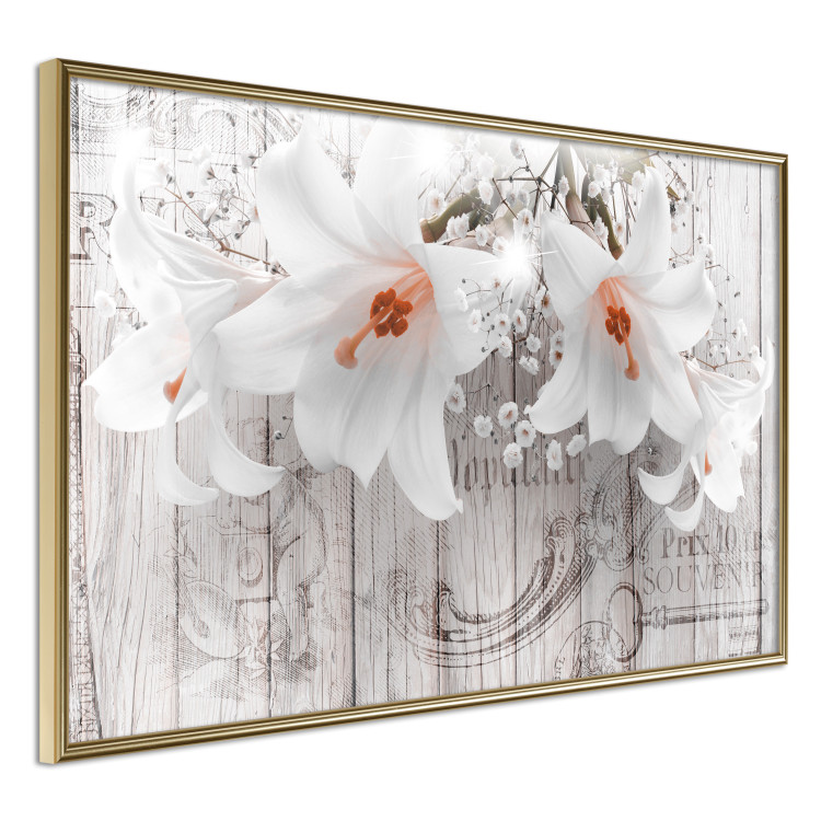 Wall Poster Lily World - white lily flower on wooden background with retro inscriptions 122284 additionalImage 12