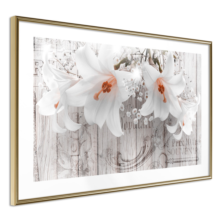 Wall Poster Lily World - white lily flower on wooden background with retro inscriptions 122284 additionalImage 6