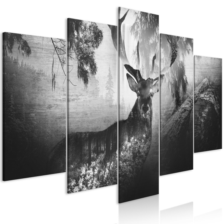 Canvas Art Print Black and white deer among trees - forest animal on black background 125884 additionalImage 2