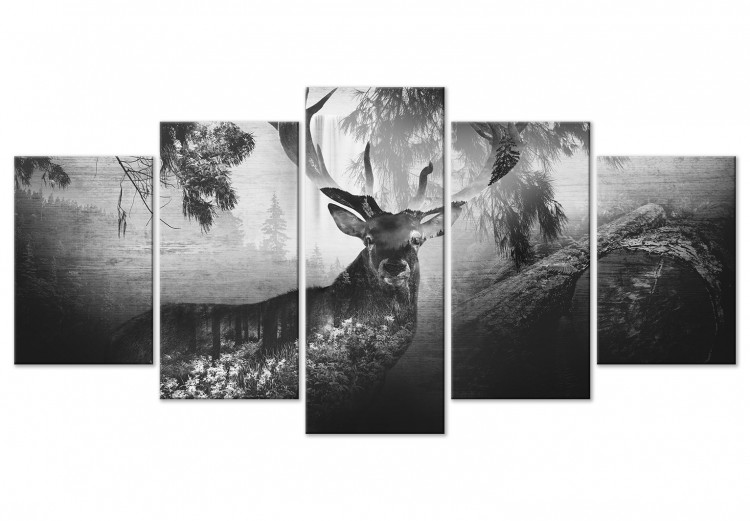 Canvas Art Print Black and white deer among trees - forest animal on black background 125884