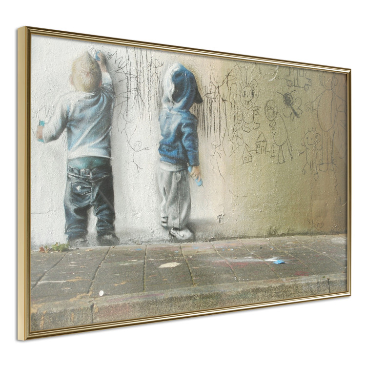 Wall Poster Young Generation - graffiti of boys coloring with crayons on the wall 128384 additionalImage 12