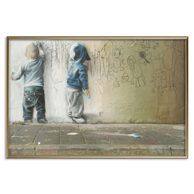 Wall Poster Young Generation - graffiti of boys coloring with crayons on the wall 128384 additionalImage 17
