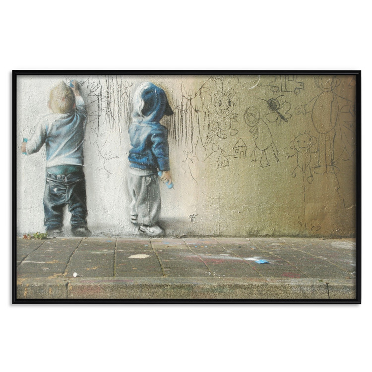 Wall Poster Young Generation - graffiti of boys coloring with crayons on the wall 128384 additionalImage 16