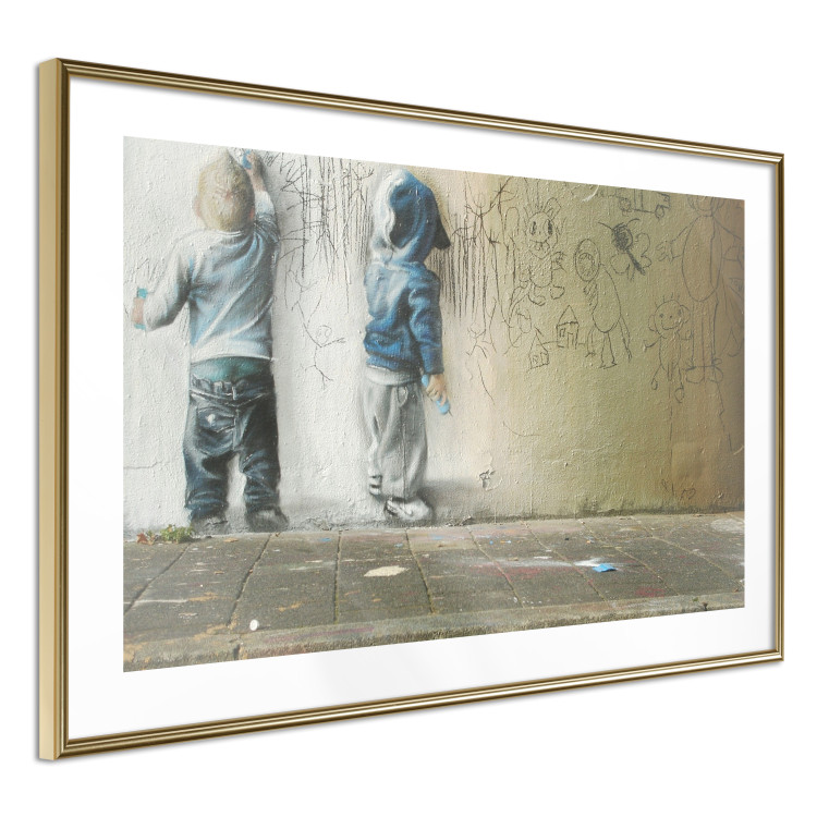 Wall Poster Young Generation - graffiti of boys coloring with crayons on the wall 128384 additionalImage 7