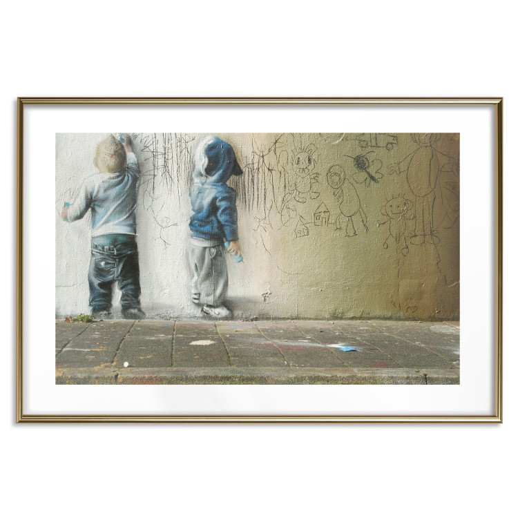 Wall Poster Young Generation - graffiti of boys coloring with crayons on the wall 128384 additionalImage 14