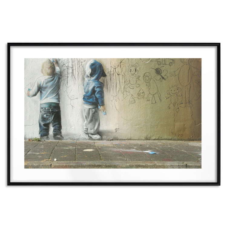 Wall Poster Young Generation - graffiti of boys coloring with crayons on the wall 128384 additionalImage 15