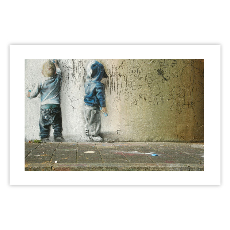 Wall Poster Young Generation - graffiti of boys coloring with crayons on the wall 128384 additionalImage 19