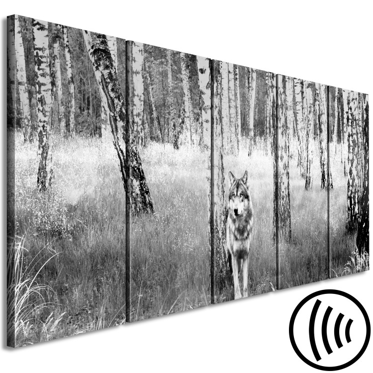 Canvas Art Print Lone Predator (5-part) narrow - wolf in a black and white forest 129384 additionalImage 6