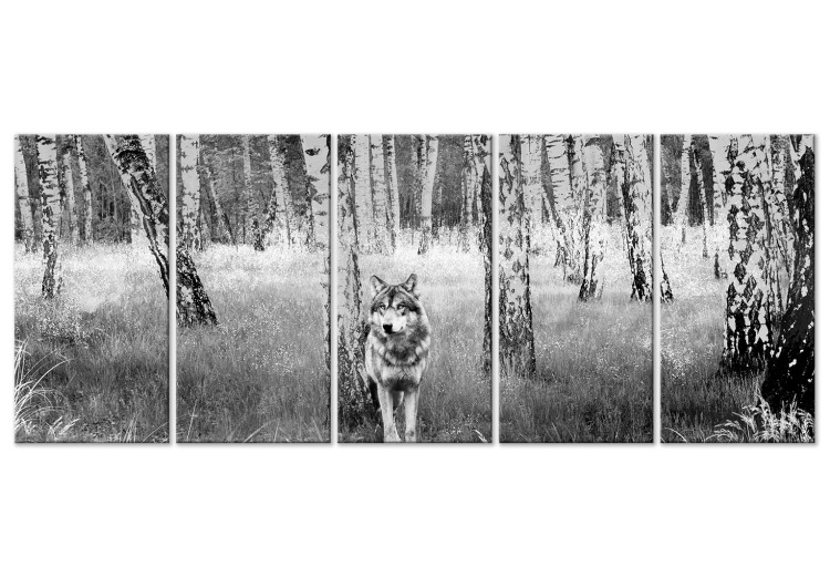 Canvas Art Print Lone Predator (5-part) narrow - wolf in a black and white forest 129384