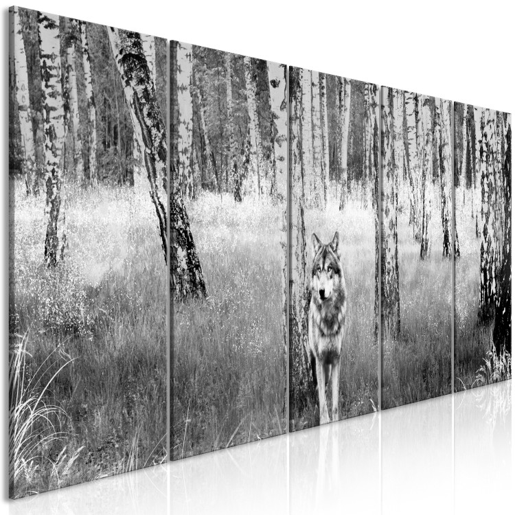 Canvas Art Print Lone Predator (5-part) narrow - wolf in a black and white forest 129384 additionalImage 2