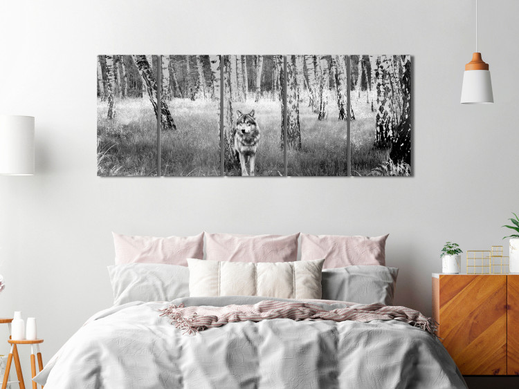 Canvas Art Print Lone Predator (5-part) narrow - wolf in a black and white forest 129384 additionalImage 3