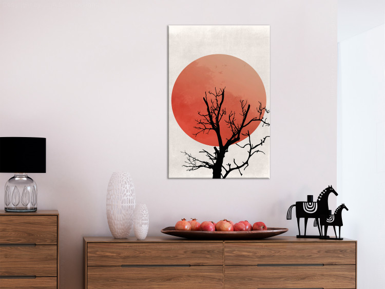 Canvas Art Print A tree with sunset - an abstract composition with a black outline of branches and pierced by the non-moving sun in orange colors 131884 additionalImage 3