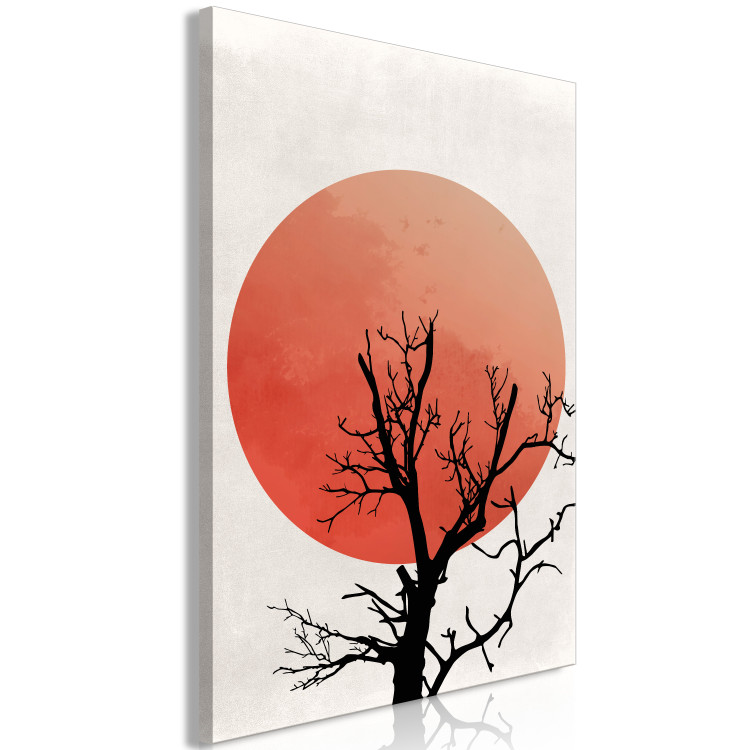 Canvas Art Print A tree with sunset - an abstract composition with a black outline of branches and pierced by the non-moving sun in orange colors 131884 additionalImage 2