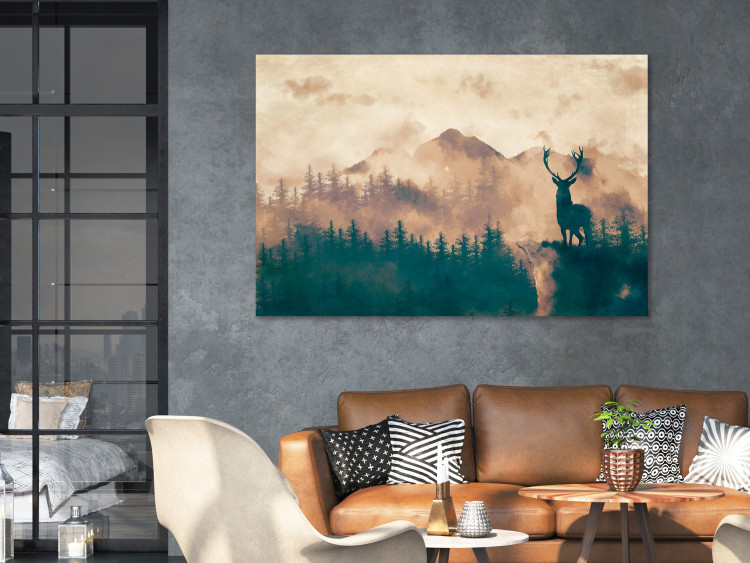 Canvas Print Proud Stag (1-piece) Wide - misty forest landscape scenery 131984 additionalImage 3