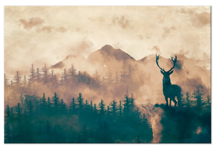 Canvas Print Proud Stag (1-piece) Wide - misty forest landscape scenery 131984