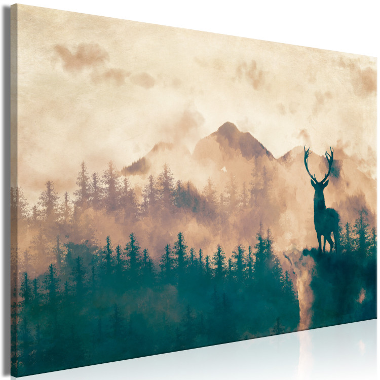 Canvas Print Proud Stag (1-piece) Wide - misty forest landscape scenery 131984 additionalImage 2
