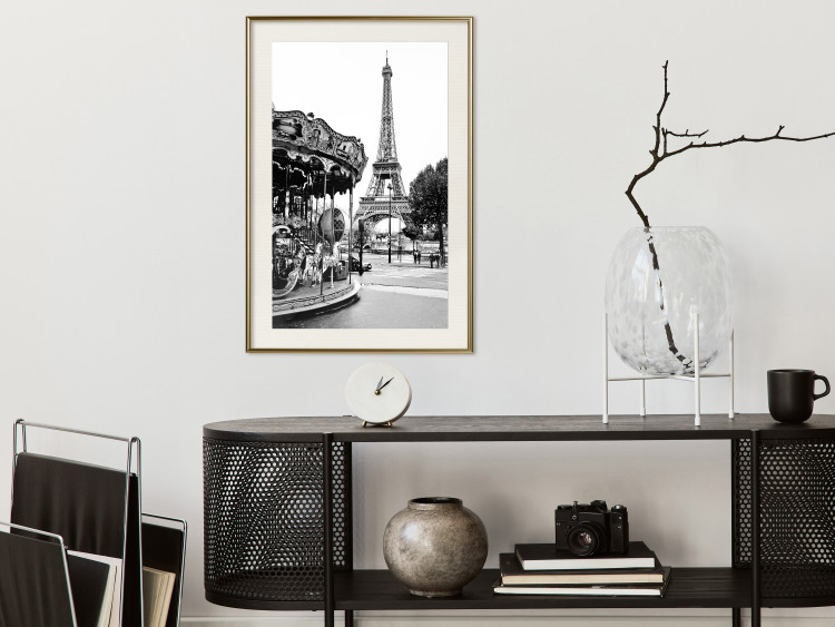 Wall Poster Parisian Carousel - black and white carousel landscape with the Eiffel Tower in the background 132284 additionalImage 22