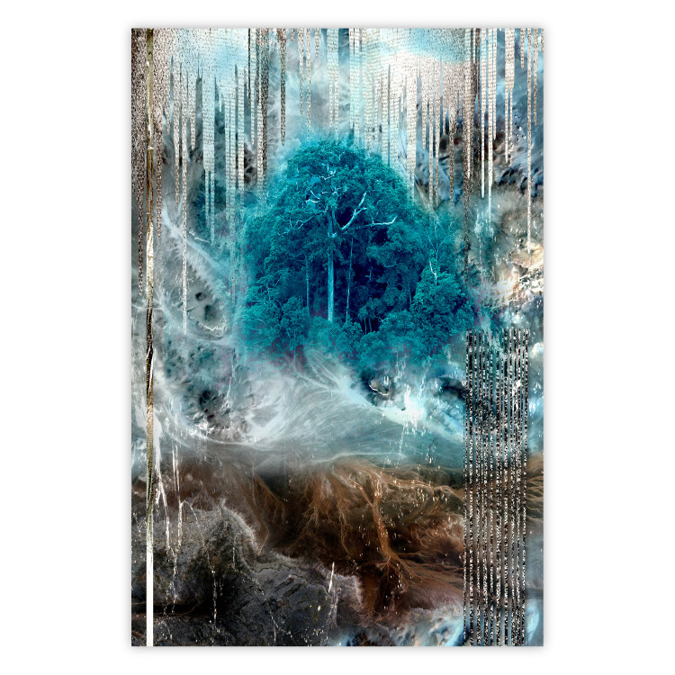 Wall Poster Sanctuary - abstract forest landscape with a turquoise tree in the center 134584