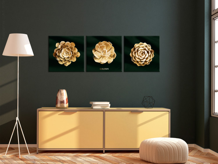 Canvas Print Precious Succulents (3-piece) - golden flowers in glamour motif 135384 additionalImage 3