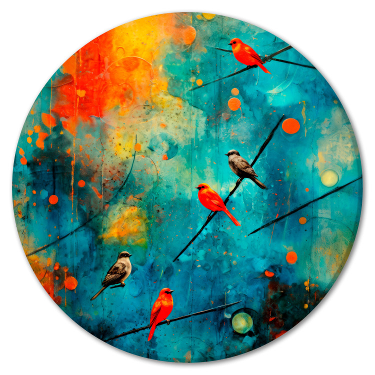 Round Canvas Bird Gathering - Colorful Birds on a Multicolored Abstract Background 151584