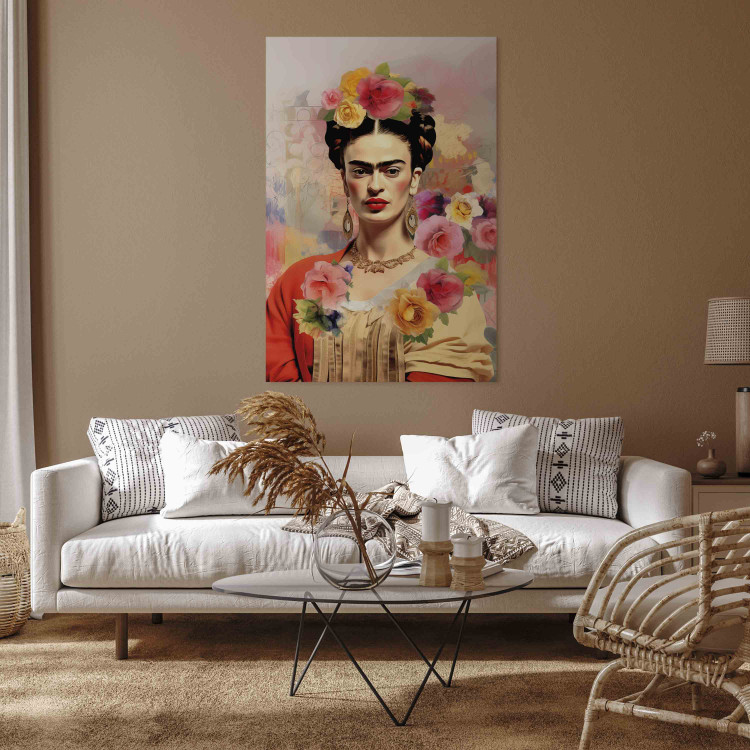 Canvas Art Print Portrait of Frida - A Woman on a Colorful Blurred Background With Flowers 152284 additionalImage 11