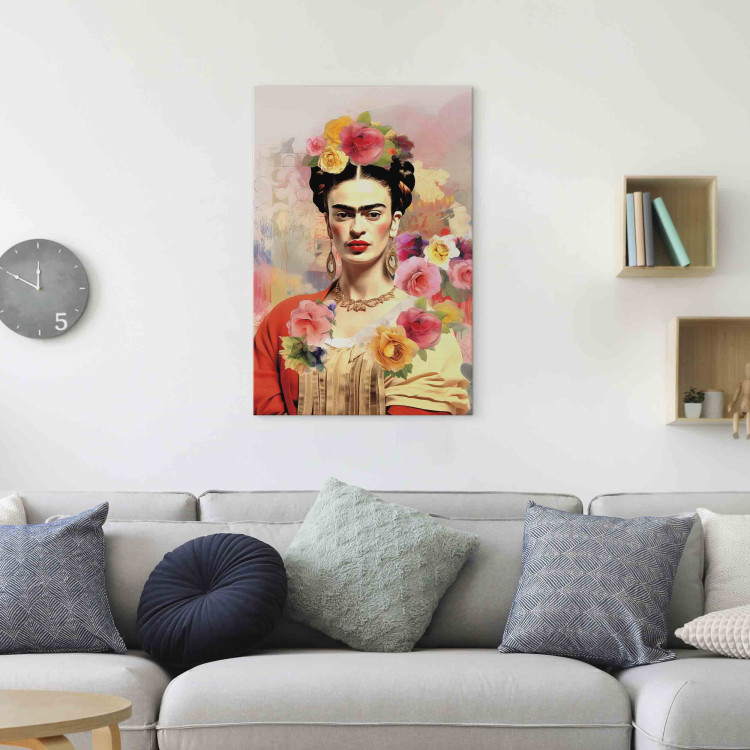 Canvas Art Print Portrait of Frida - A Woman on a Colorful Blurred Background With Flowers 152284 additionalImage 9