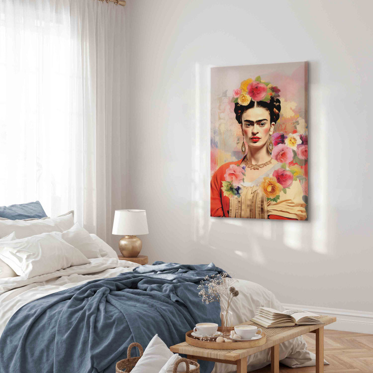 Canvas Art Print Portrait of Frida - A Woman on a Colorful Blurred Background With Flowers 152284 additionalImage 4