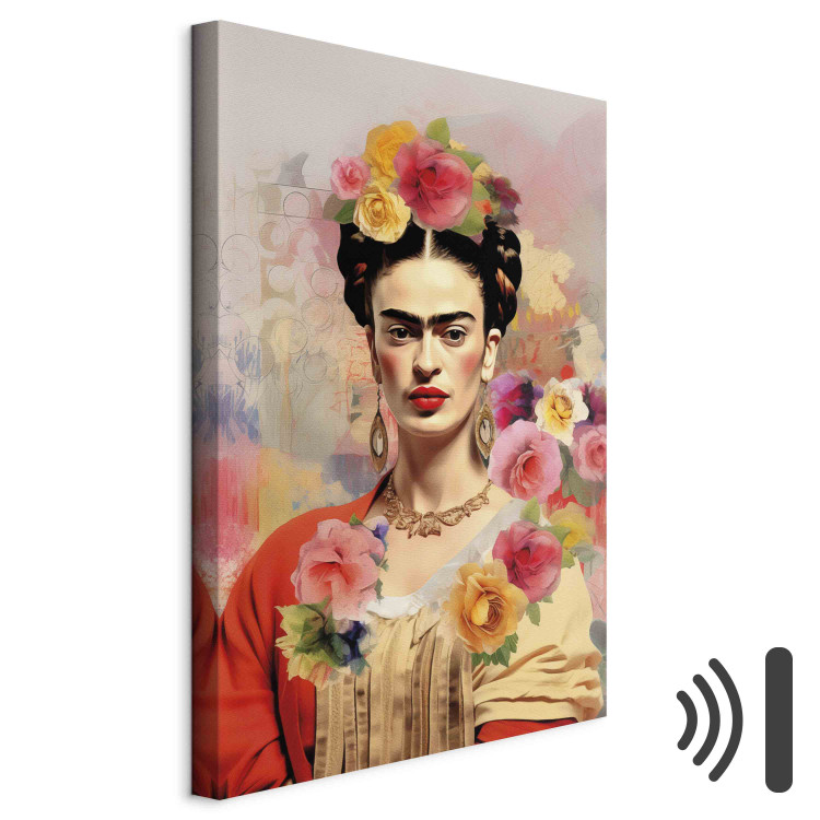 Canvas Art Print Portrait of Frida - A Woman on a Colorful Blurred Background With Flowers 152284 additionalImage 8