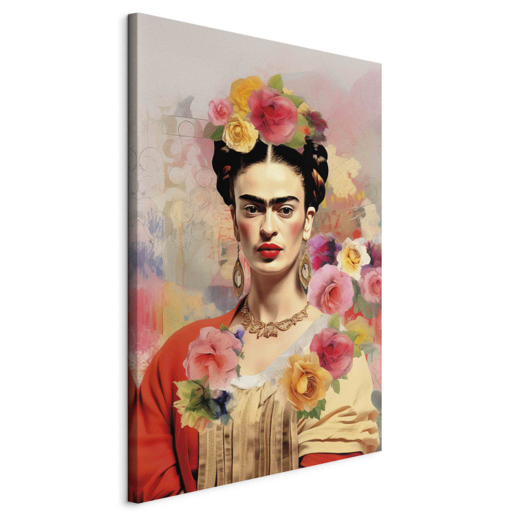 Canvas Art Print Portrait of Frida - A Woman on a Colorful Blurred Background With Flowers 152284 additionalImage 2